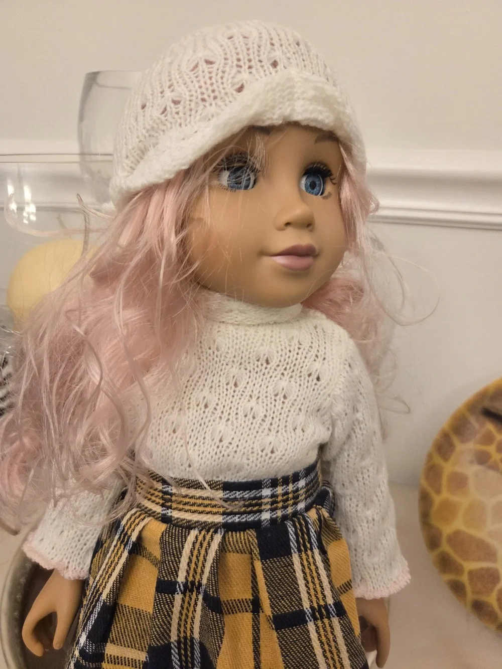 18 in Girl Play Doll Pink Wavy Hair Blue Eyes Removable Outfit & Hat